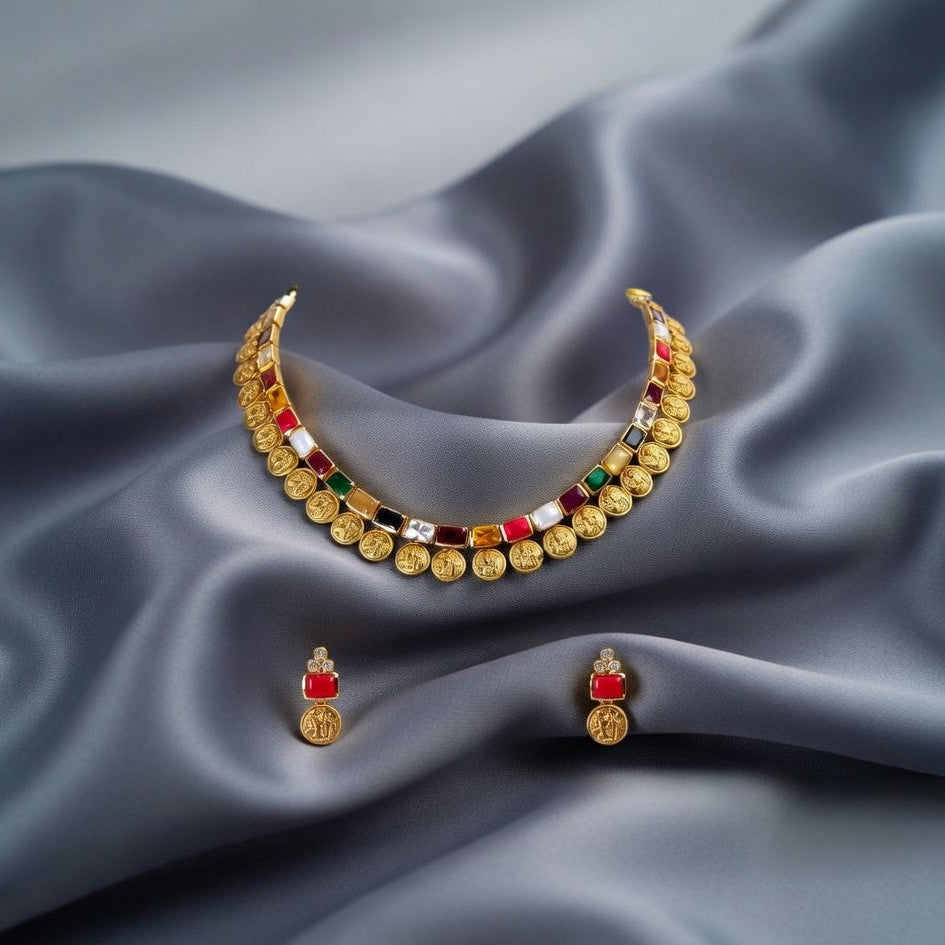 Heritage Coin Navaratna Necklace Set