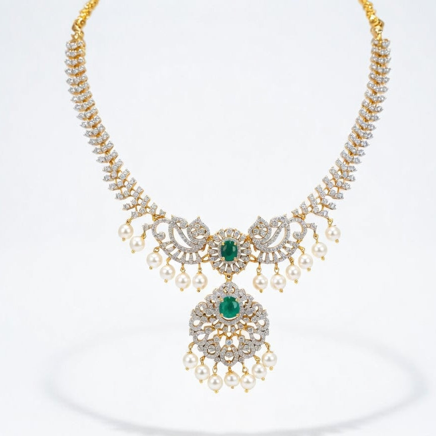 Emerald Pearl Bridal Necklace Set – Gold Finish