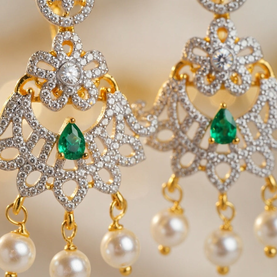 Designer Pearl Drop Earrings – Gold Finish with Green Accent