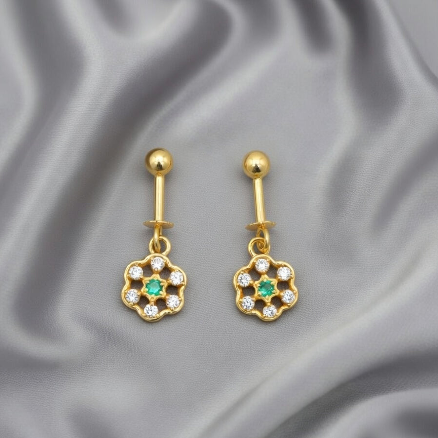 Floral Crystal Drop Earrings – Gold Finish with Green Accent