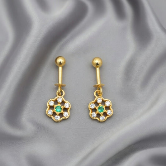 Floral Crystal Drop Earrings – Gold Finish with Green Accent