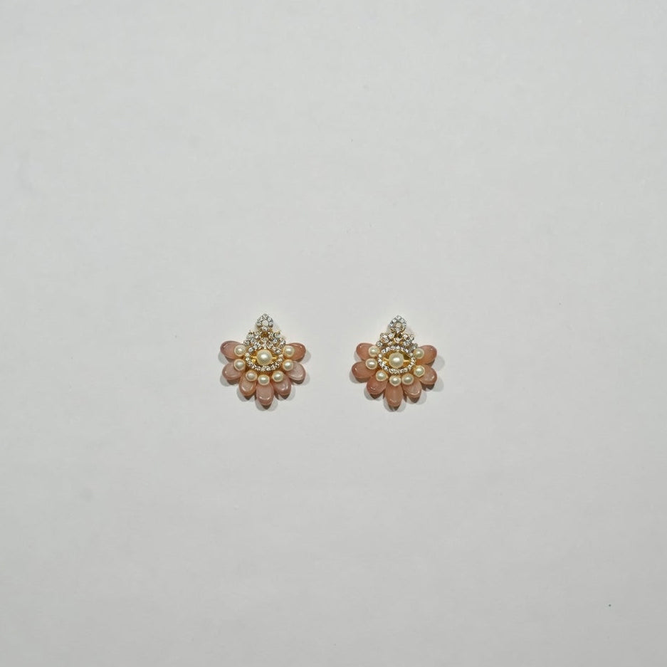 Elegant Peach Floral Pearl Stud Earrings
