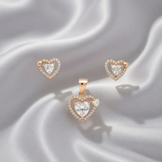 Elegant Rose Gold Double Heart Pendant & Stud Earring Set
