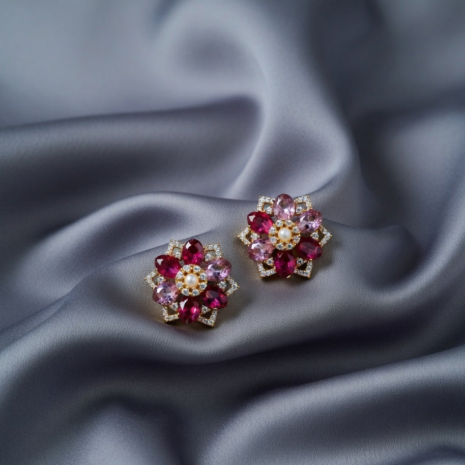Floral Statement Stud Earrings – Gold Finish with Ruby & Pink Stones