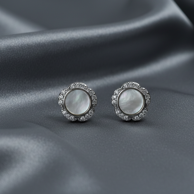 floral circle silver stud earrings