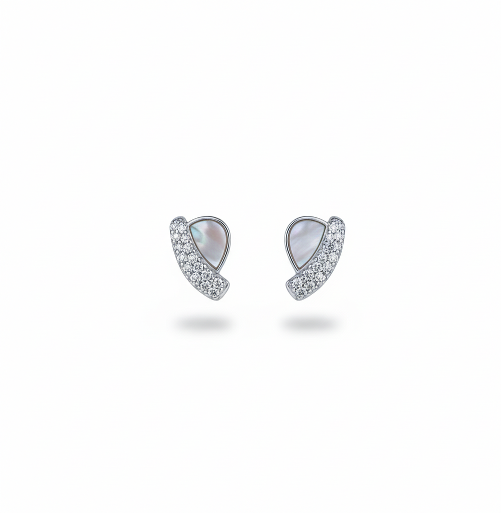 silver polish curved leaf stud earrings
