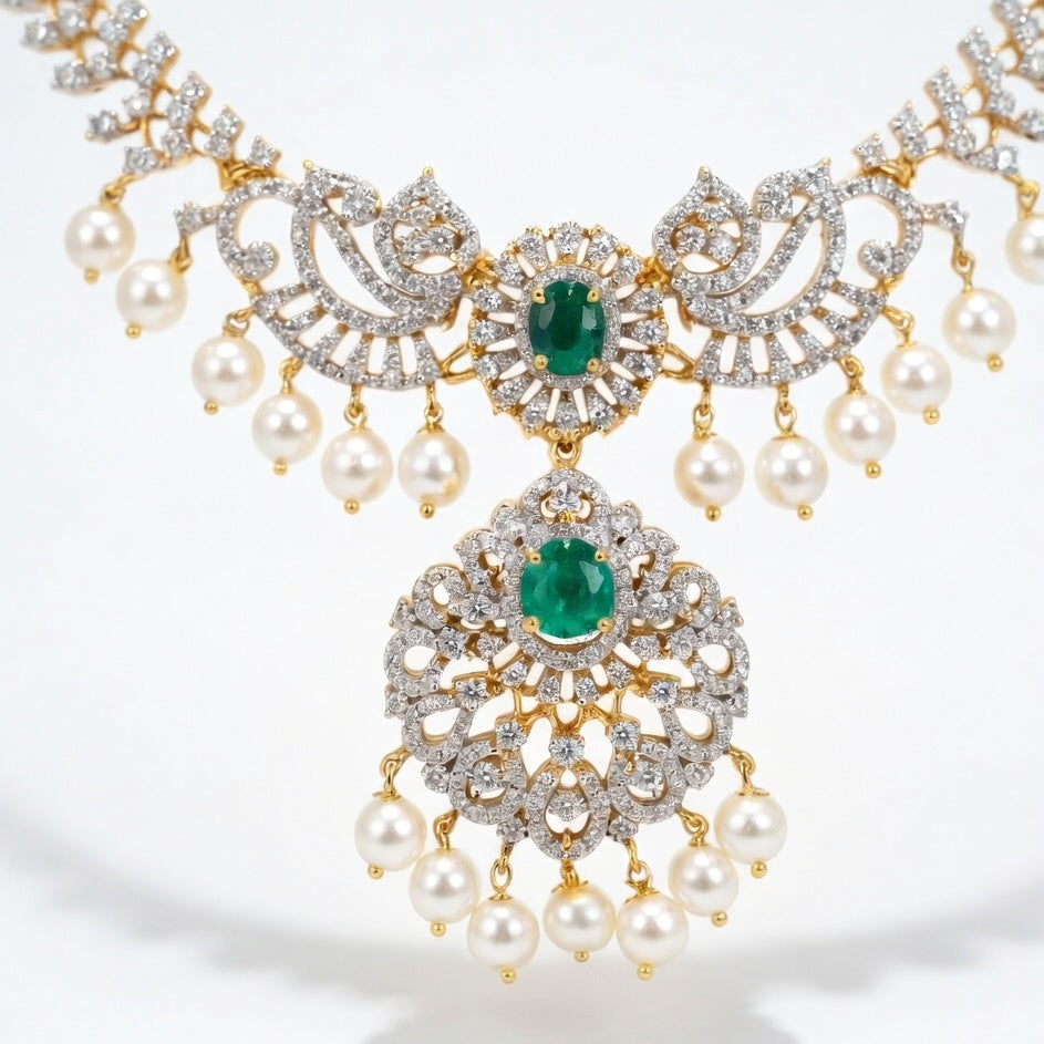 Emerald Pearl Bridal Necklace Set – Gold Finish